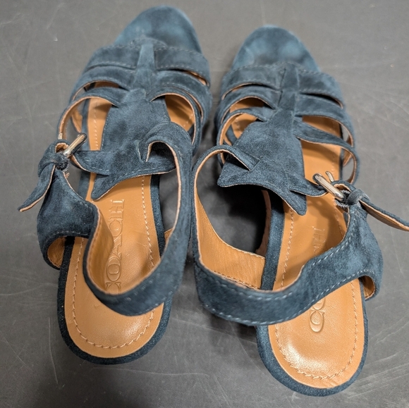 Coach Navy Blue Suede Kennedy Cork Wedge Heel Open Toe Ankle Strap Sandals 7.5B - Picture 5 of 11